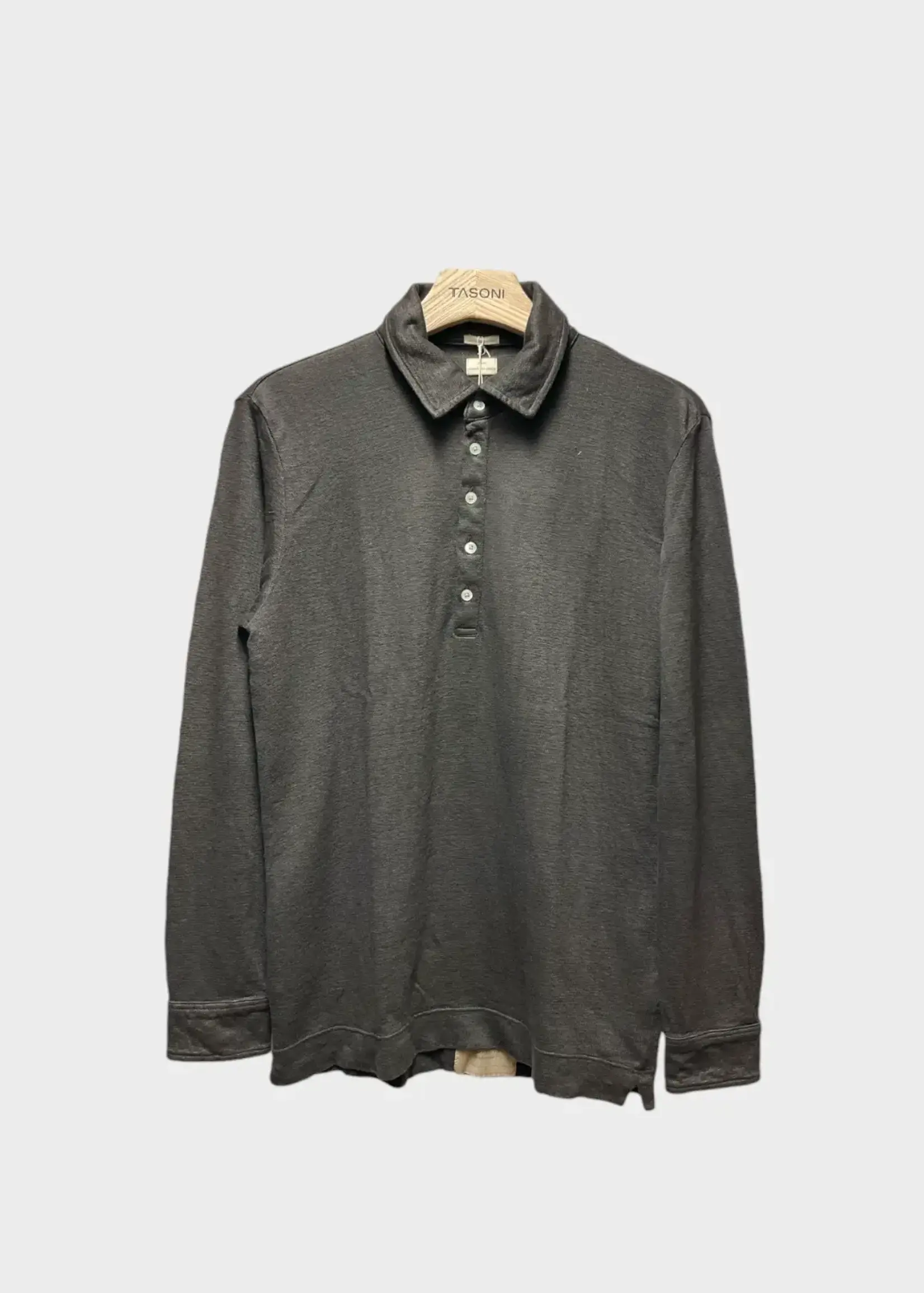 Massimo Alba Massimo Alba Polo, Grey, Raya Linen Collared Long Sleeve Button Up Polo In Ebano w/ Mother of Pearls Buttons