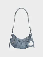 Balenciaga Baleciaga Bag, Blue, Cotton Le Cagole XS Cotton Denim Shoulder Bag w/ Mirror Heart
