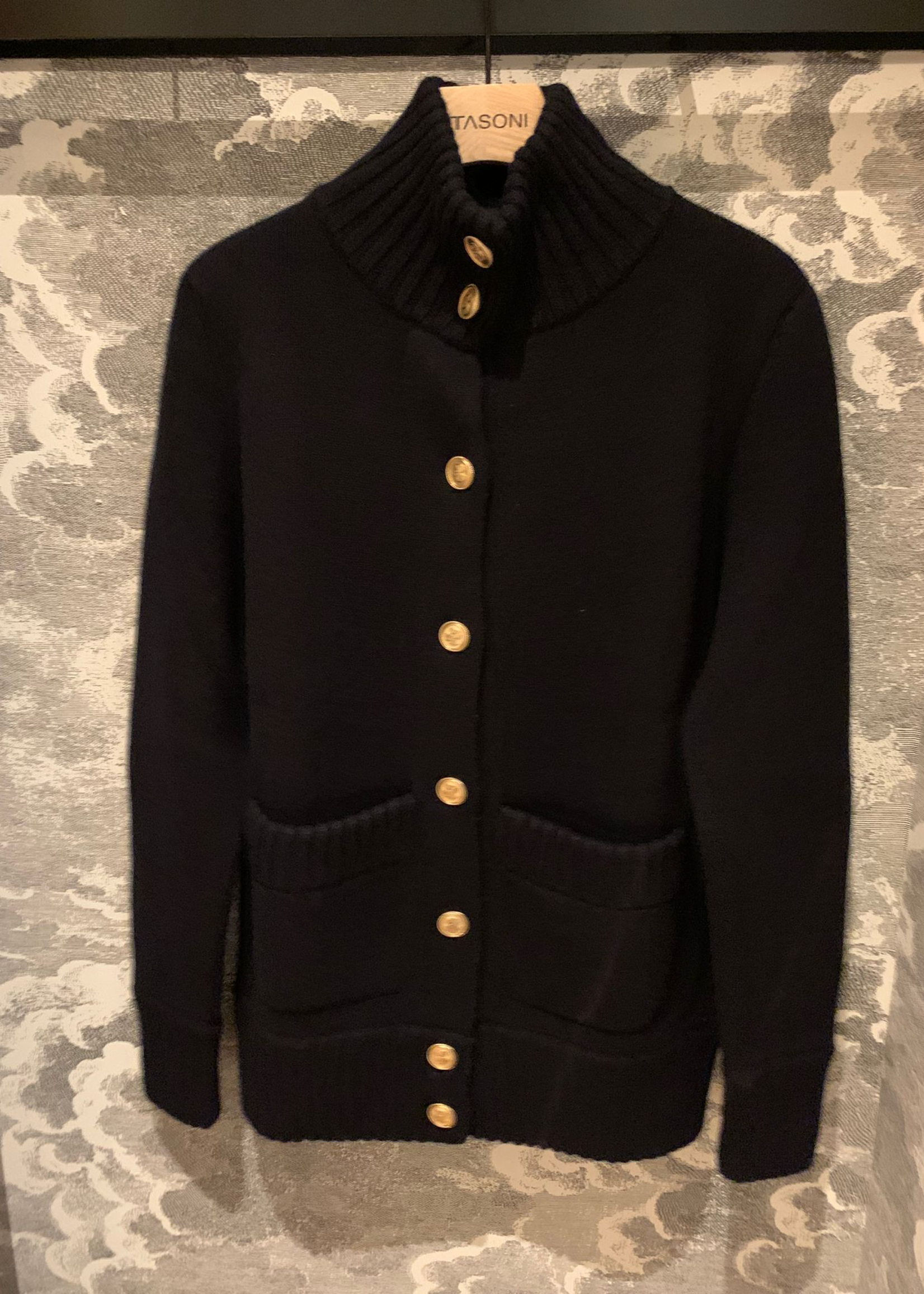 Barrie Barrie Jacket, Black, Barrie x Sofia Coppola Cashmere & Wool High Neck Button Up Jacket In Jet w/ Flap Pockets