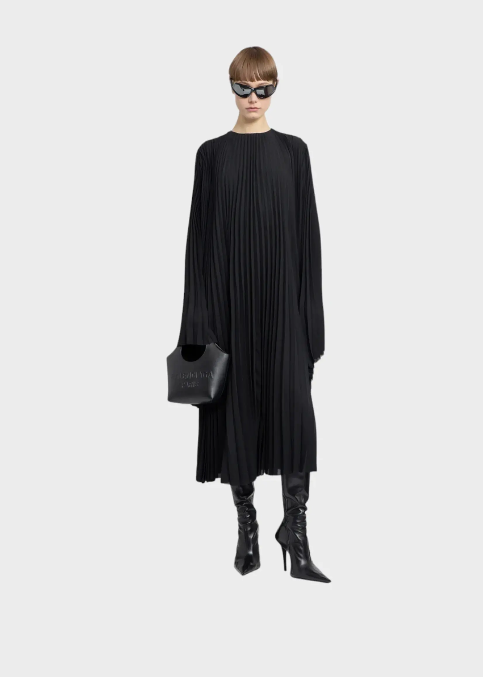 Balenciaga Balenciaga Dress, Black, Round Neck Pleated Long Sleeve Oversized Long Dress