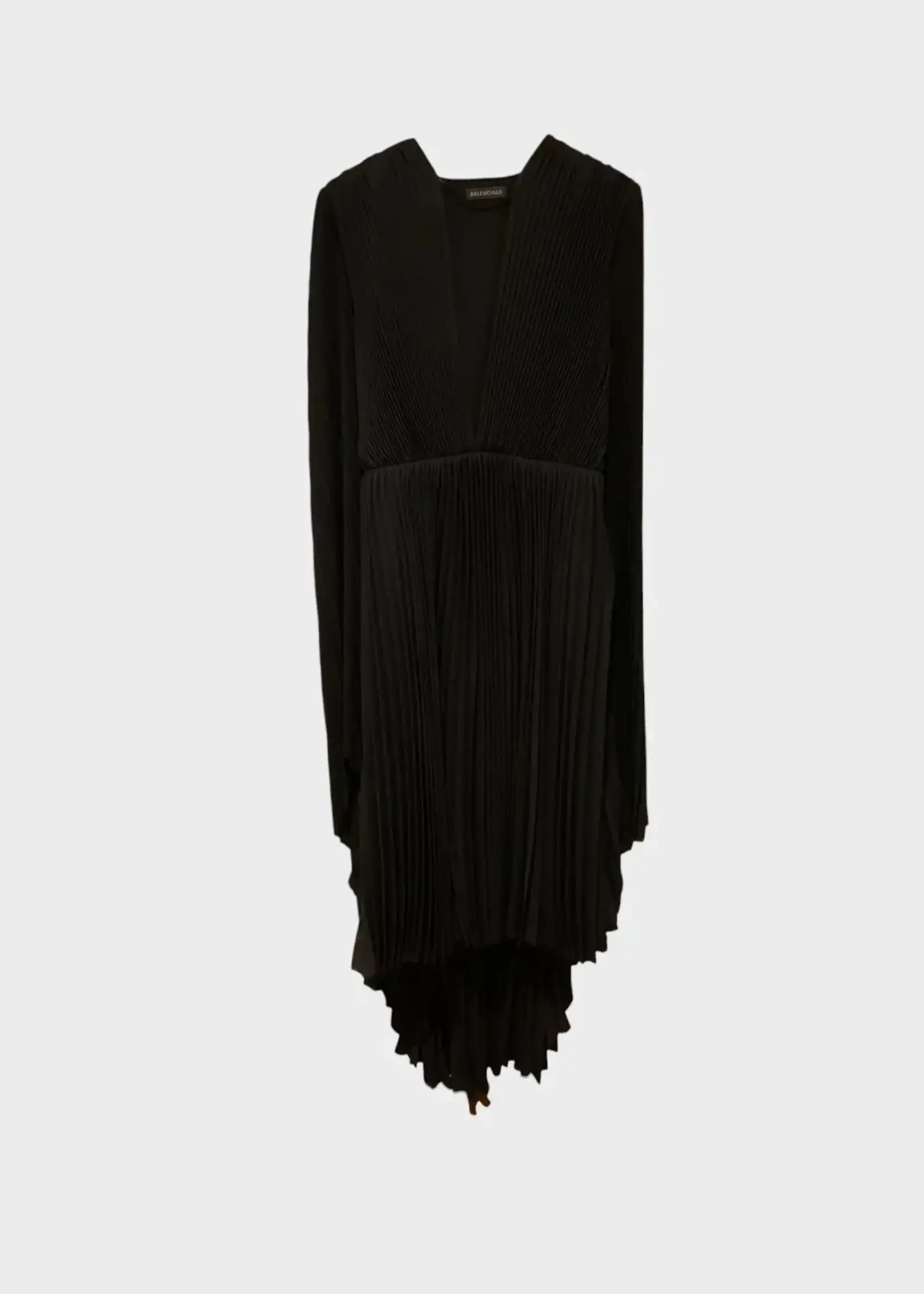Balenciaga Balenciaga Dress, Black, Deep V-Neck Long Sleeve Pleated Asymmetric Skirt Dress