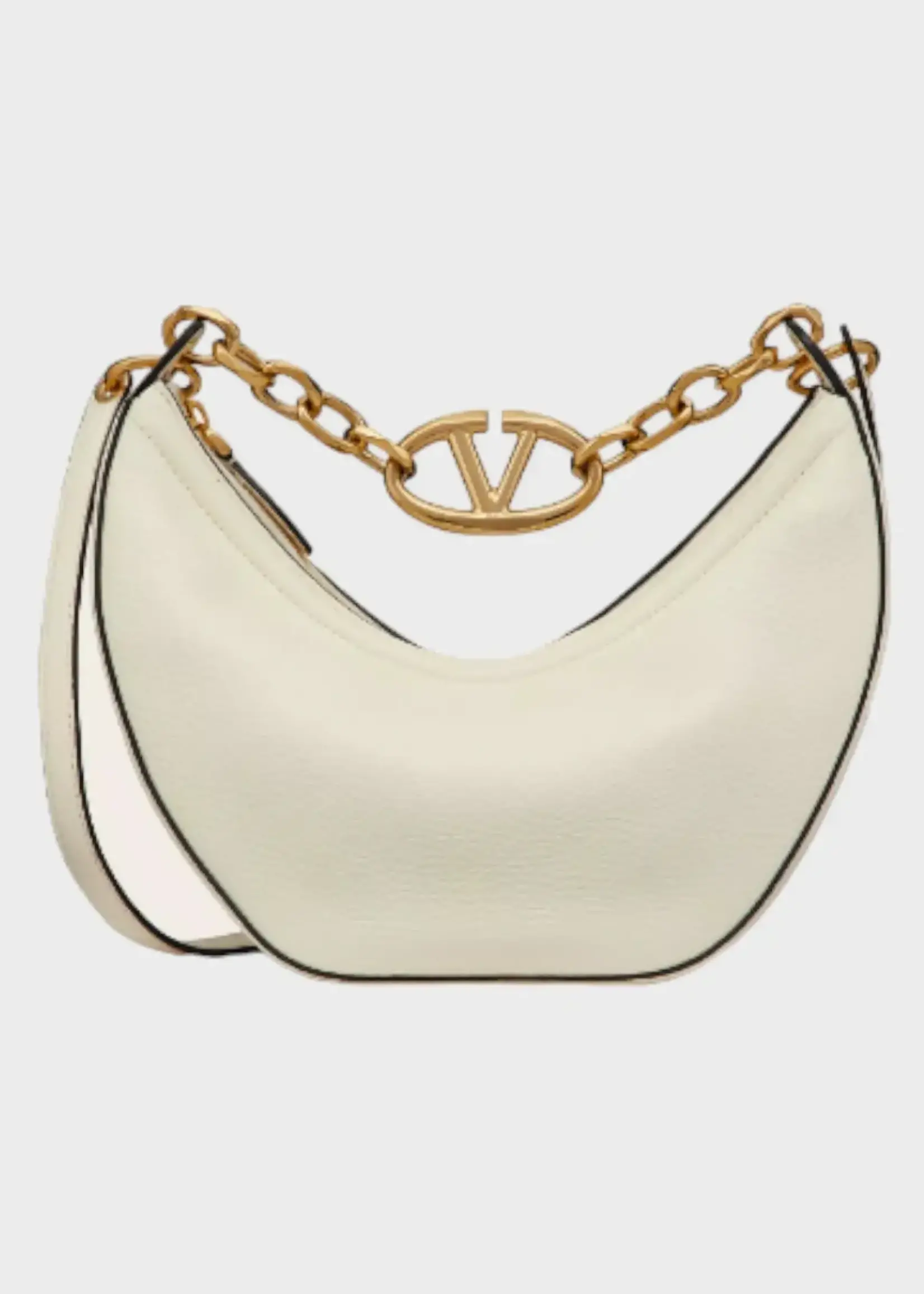 Valentino Valentino Bag, White, Leather Small Hobo Gold Chain V-Logo In Ivory