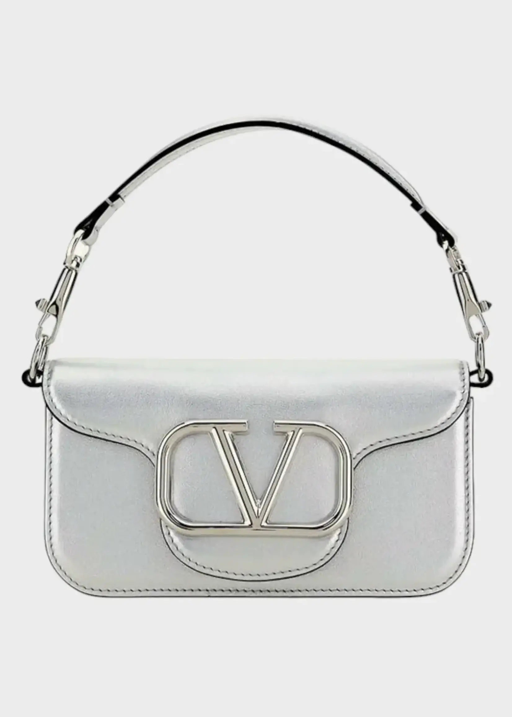 Valentino Valentino Bag, Silver, Palladium Logo Small Shoulder Bag w/ Top Handle