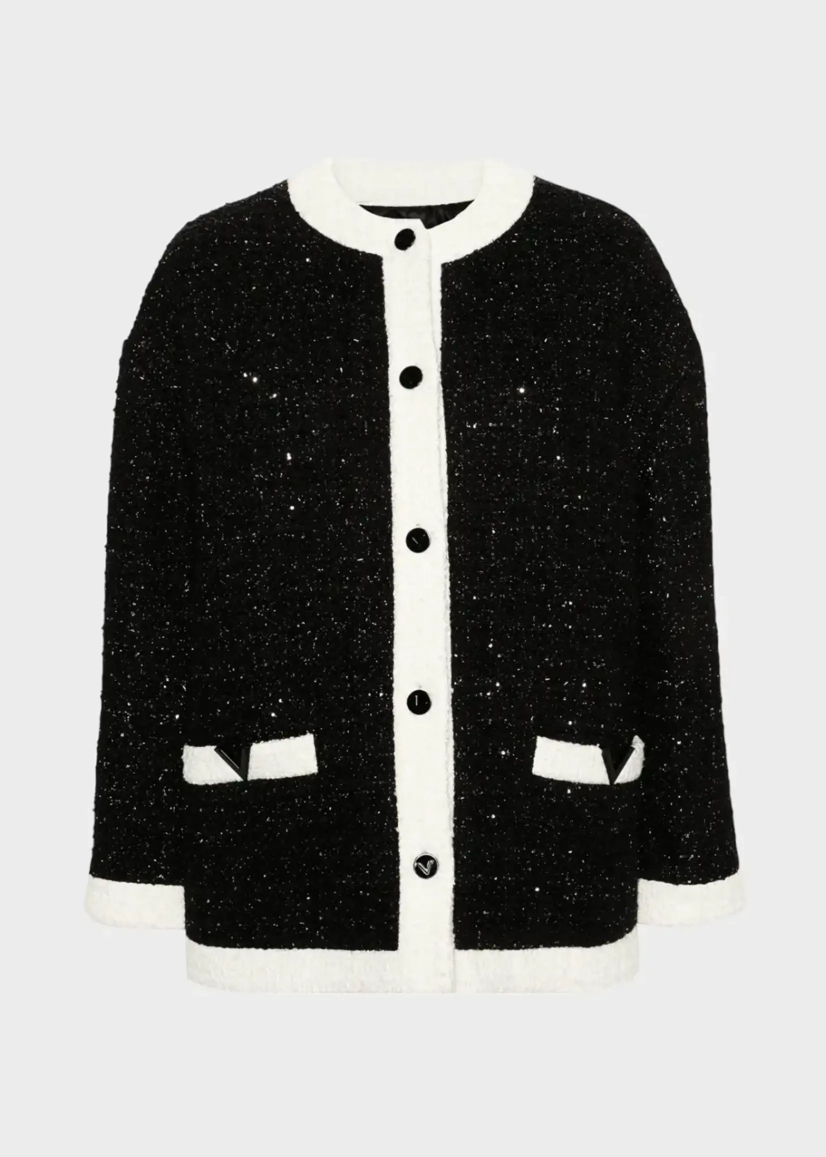 Valentino Valentino Jacket, Black, Sequined Caban Tweed Glaze Lurex Jacket In Black & White