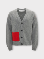 J.W. Anderson J.W. Anderson Knitwear, Grey, Cotton & Wool V-Neck Button Up Contrast Red Pocket Cardigan In Grey Melange