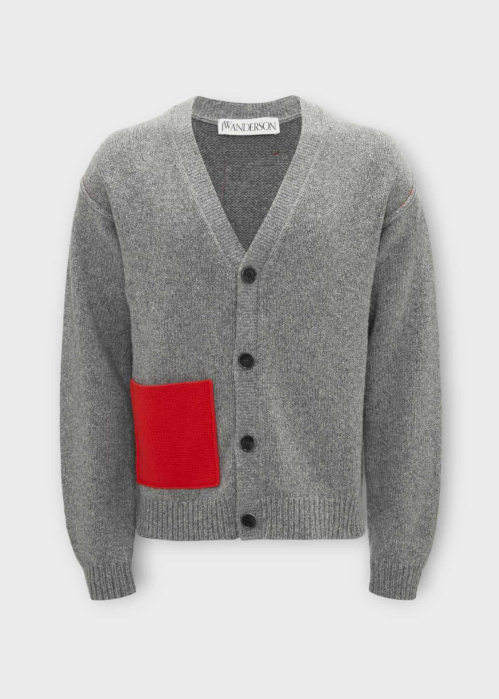 J.W. Anderson J.W. Anderson Knitwear, Grey, Cotton & Wool V-Neck Button Up Contrast Red Pocket Cardigan In Grey Melange