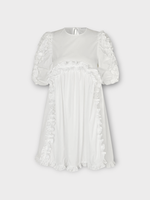 Cecilie Bahnsen Cecilie Bahnsen Dress, White, Ginny Cotton Crew Neck Puff Sleeve Dress In White w/ Ruffles
