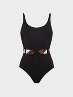 Eres Eres Swimwear, Black, Damier Kili Round Neck One Piece Swimsuit In Noir w/ Stitched Patchwork Belt
