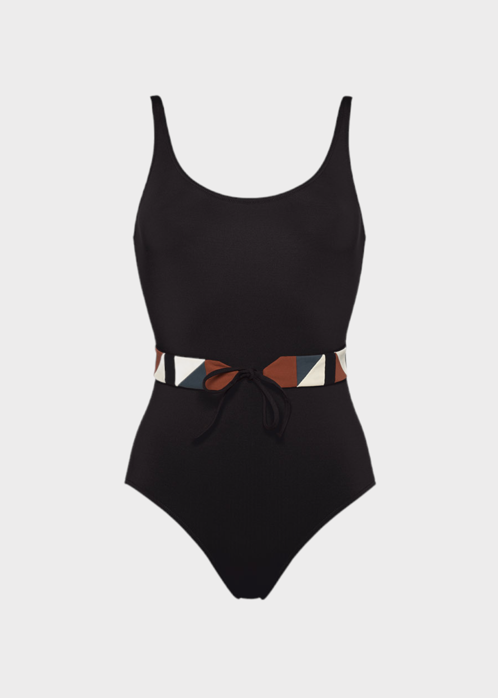 Eres Eres Swimwear, Black, Damier Kili Round Neck One Piece Swimsuit In Noir w/ Stitched Patchwork Belt