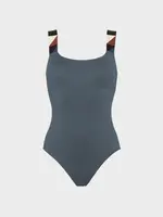 Eres Eres Swimwear, Grey, Tempo Kili Round Neck One Piece Swimsuit in Oursin w/ Multicolour Straps