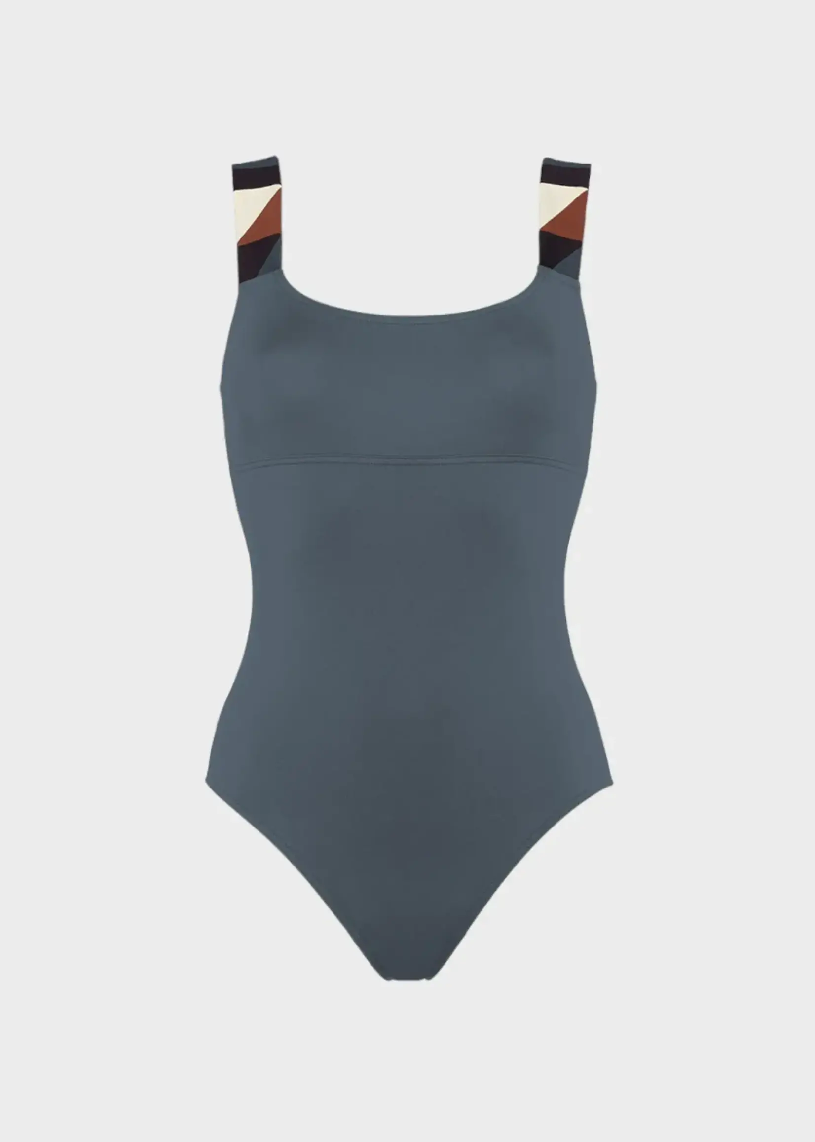 Eres Eres Swimwear, Grey, Tempo Kili Round Neck One Piece Swimsuit in Oursin w/ Multicolour Straps