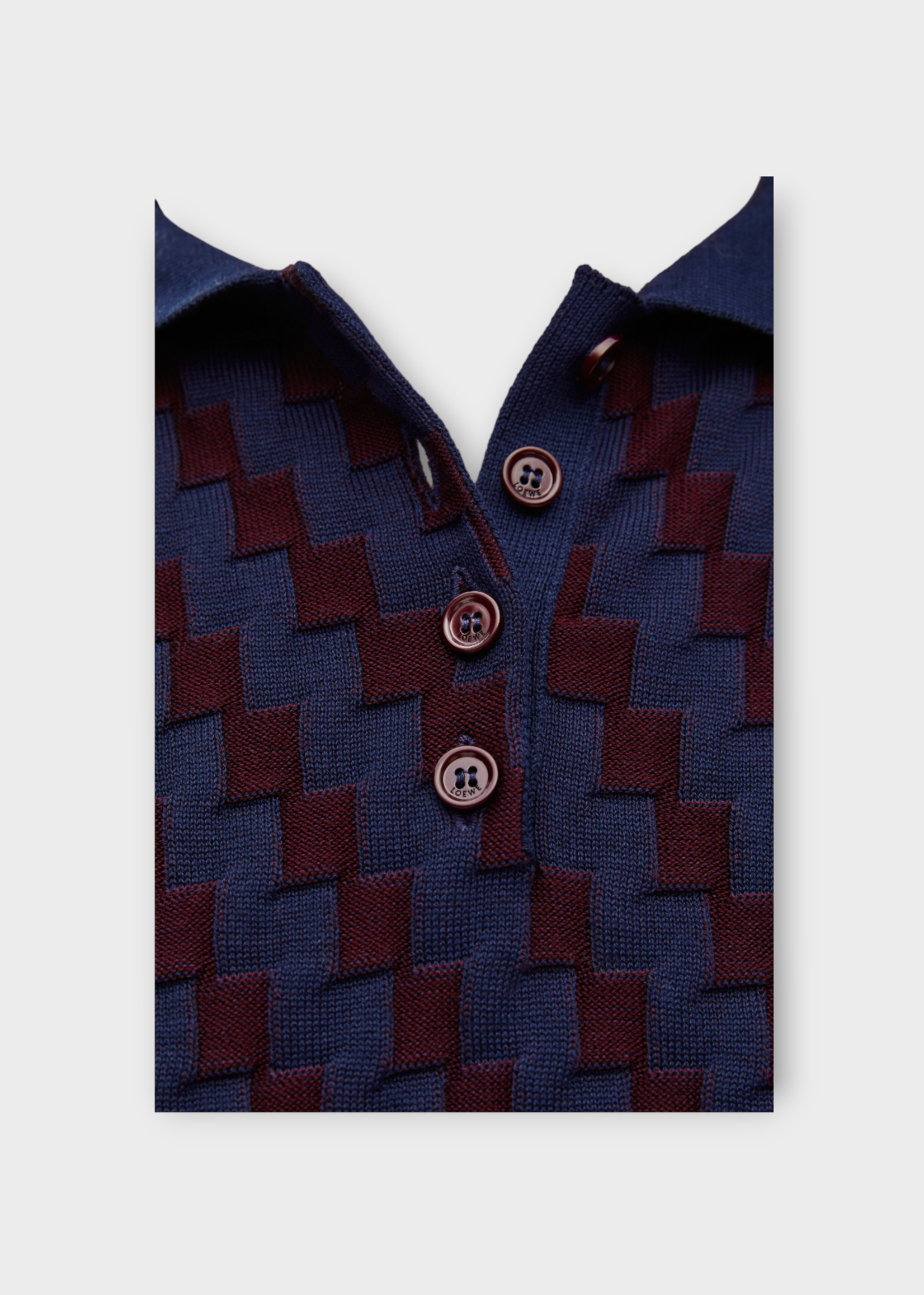 Loewe Loewe Polo, Multi, 3D Cotton Jacquard Fitted Collared Polo Sweater in Burgundy & Navy