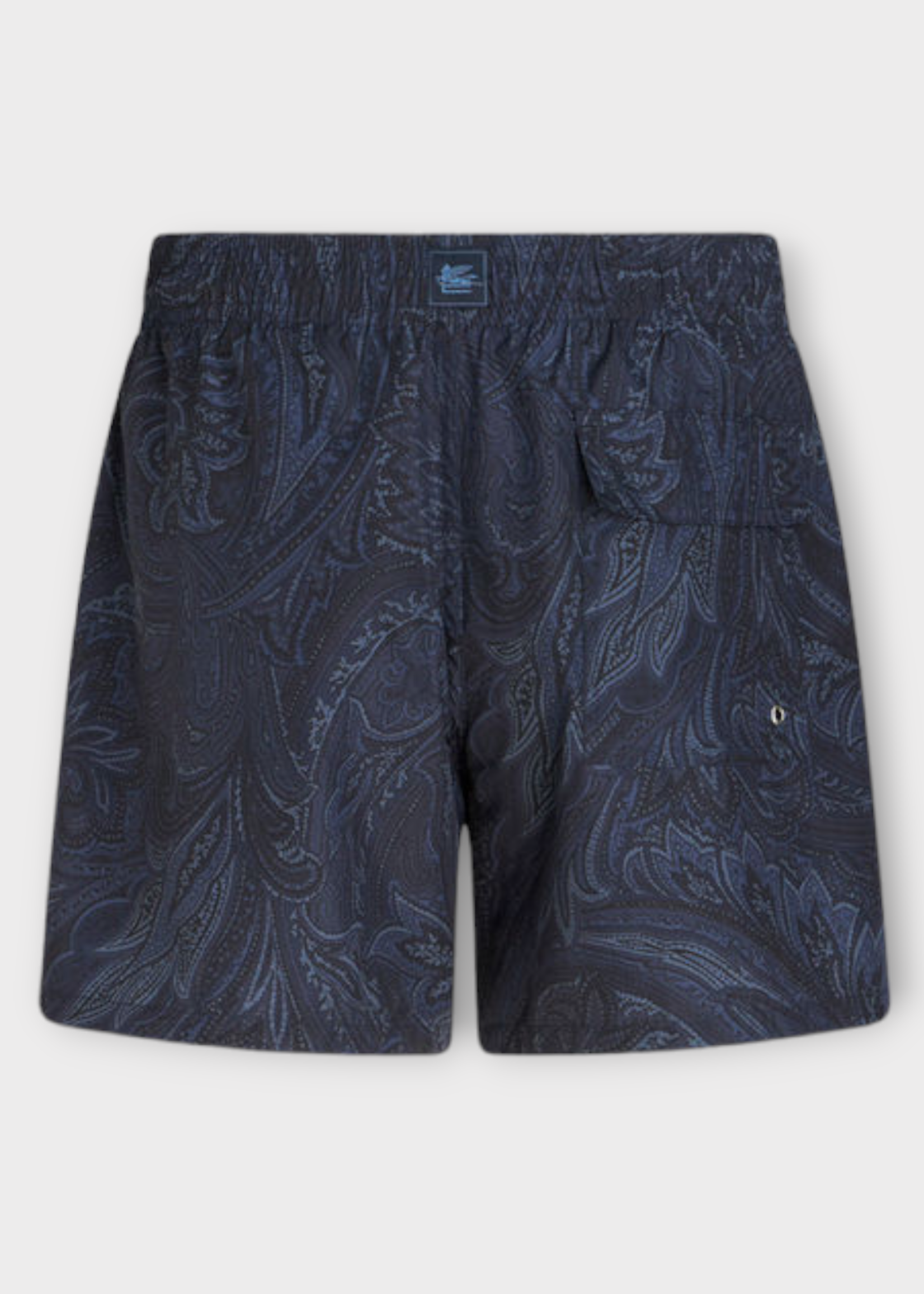 Etro Etro Swimwear, Print, Regular Fit Drawstring Waist Swim Shorts in Blue w/ Paisley Print & Pockets