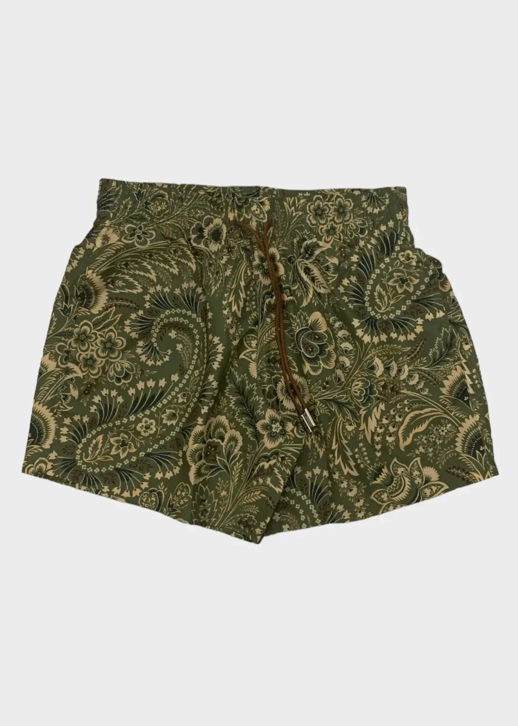 Etro Etro Swimwear, Print, Regular Fit Drawstring Waist Swim Shorts in Green w/ Paisley Print & Pockets