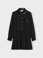 Celine Celine Dress, Black, Sequined Collar Long Sleeve Button Up Workwear Mini Dres