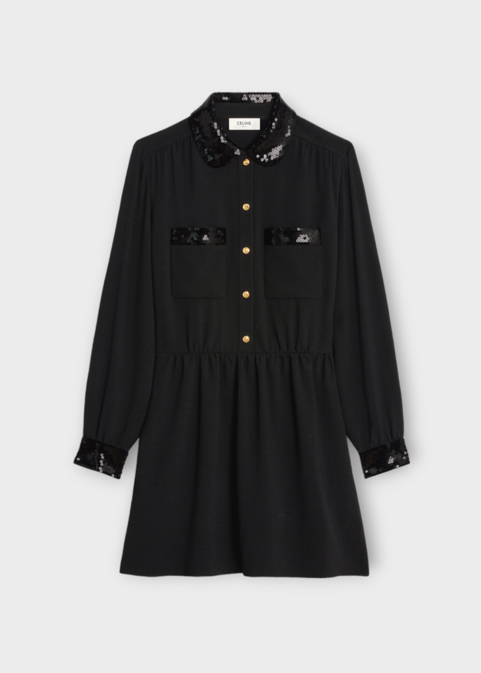 Celine Celine Dress, Black, Sequined Collar Long Sleeve Button Up Workwear Mini Dres