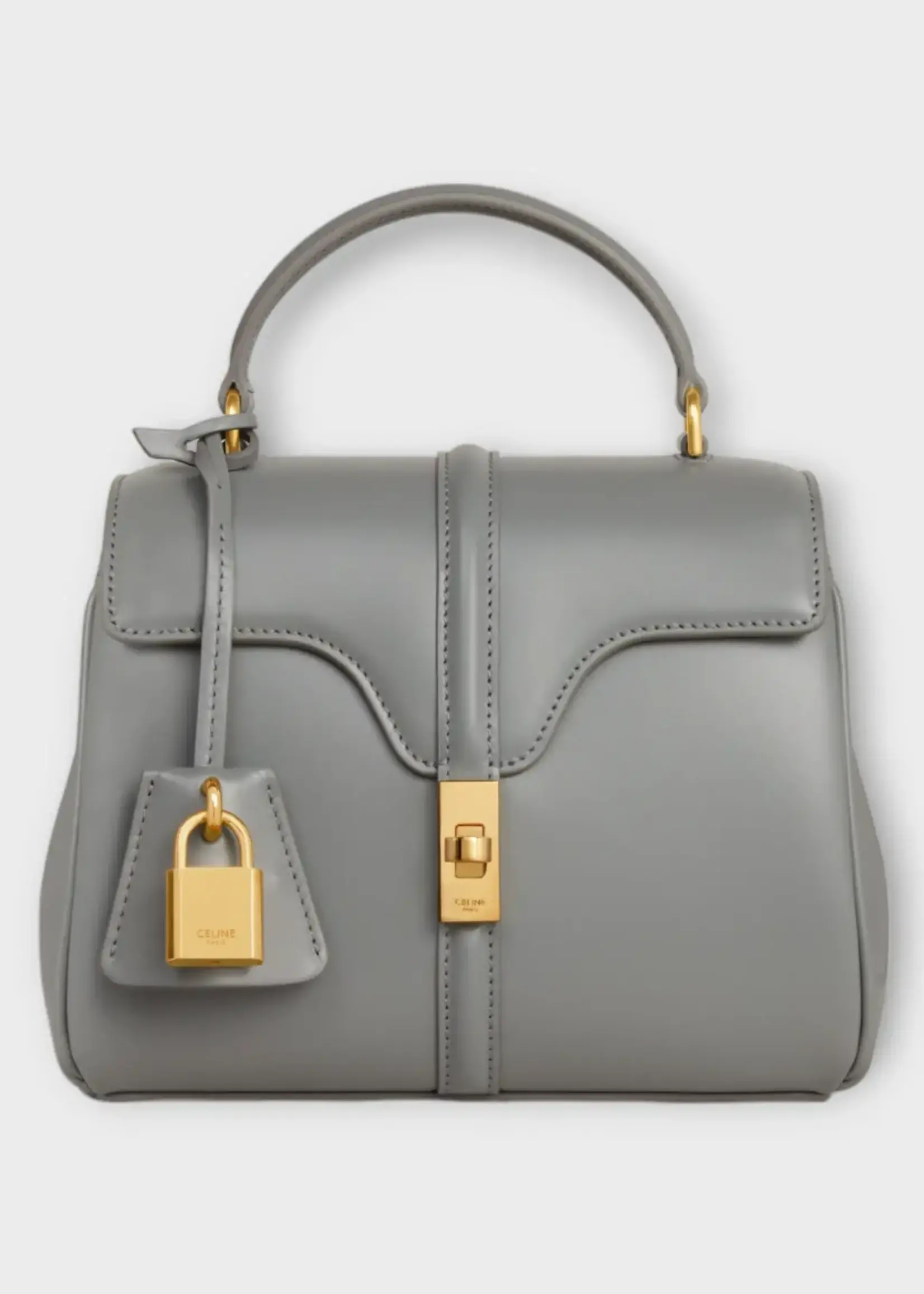 Celine Celine Bag, Grey, Satinated Calfskin Mini 16 Bag In Zinc w/ Turn Lock & Shoulder Strap