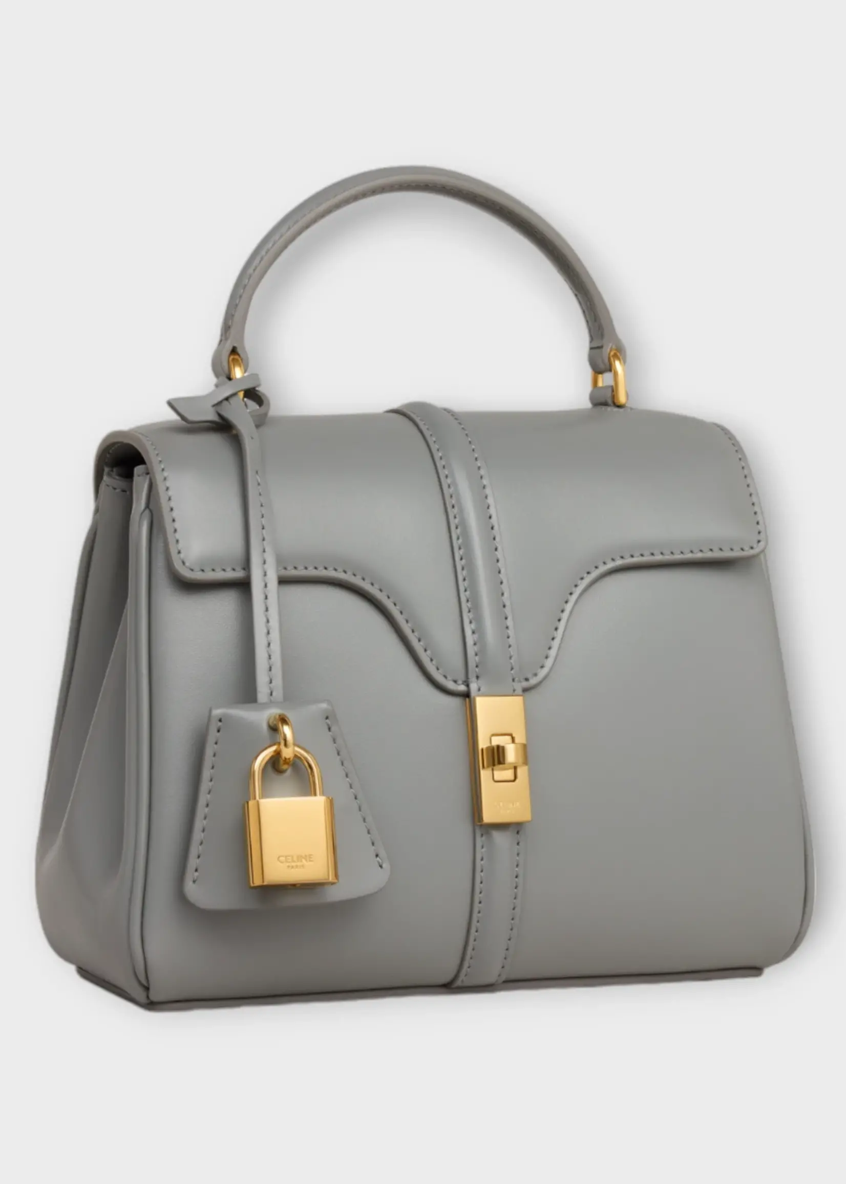 Celine Celine Bag, Grey, Satinated Calfskin Mini 16 Bag In Zinc w/ Turn Lock & Shoulder Strap