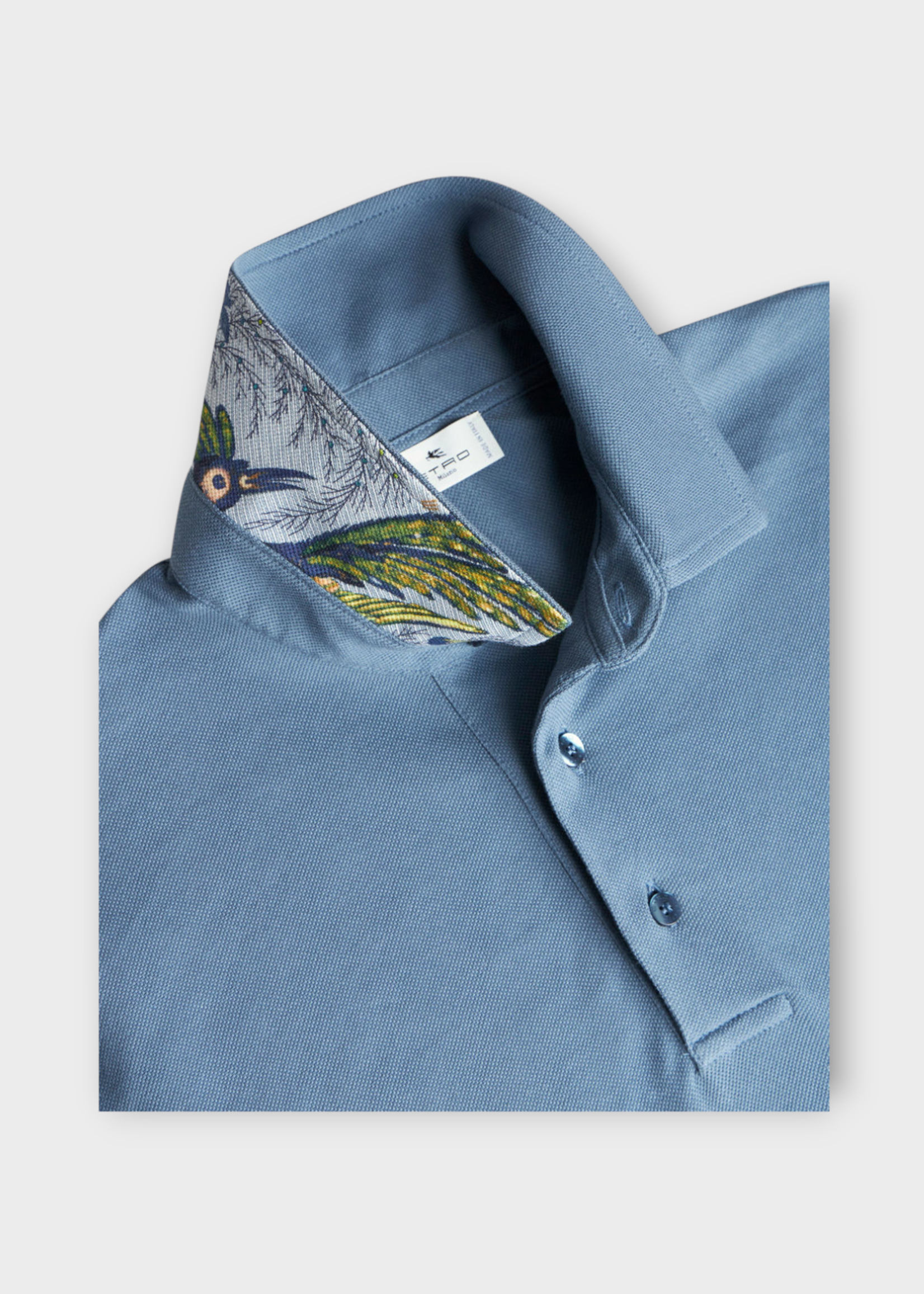 Etro Etro Polo, Blue, Cotton Regular Fit Collared Polo Shirt in Blue w/ Printed Undercollar