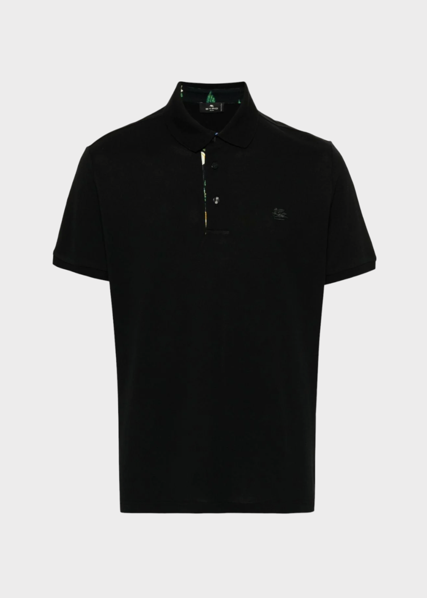 Etro Etro Polo, Black, Cotton Regular Fit Collared Polo Shirt in Black w/ Printed Undercollar