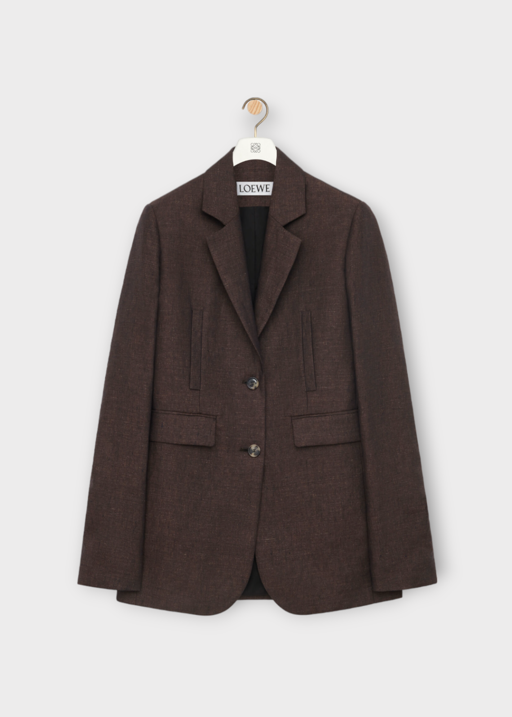 Loewe Loewe Jacket, Brown, Linen Slim Fit Single Breasted Tailored Jacket in Dark Brown