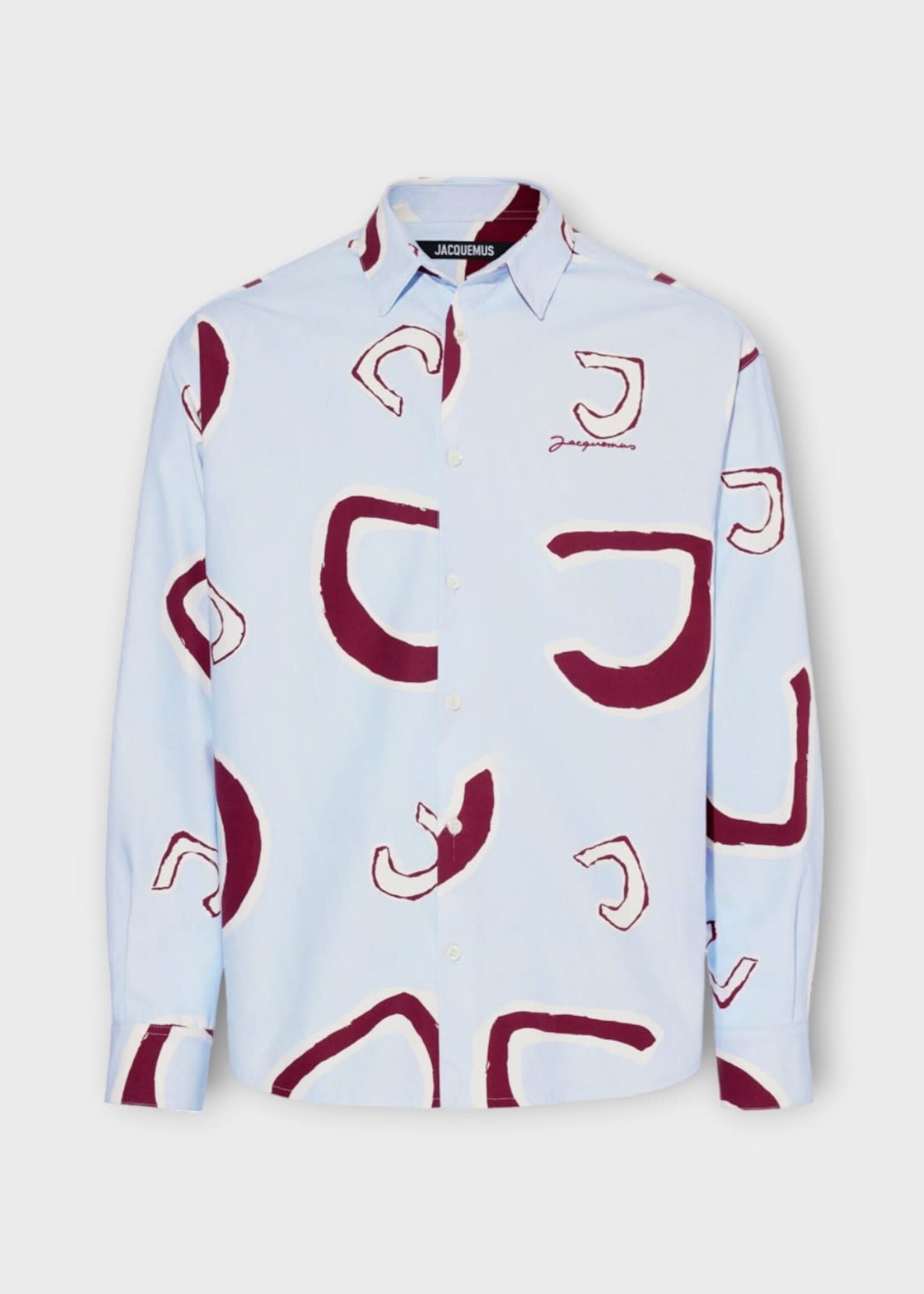 Jacquemus Jacquemus Shirt, Print, La Chemise Simon Cotton Collared in Light Blue w/ Red Monogram Print