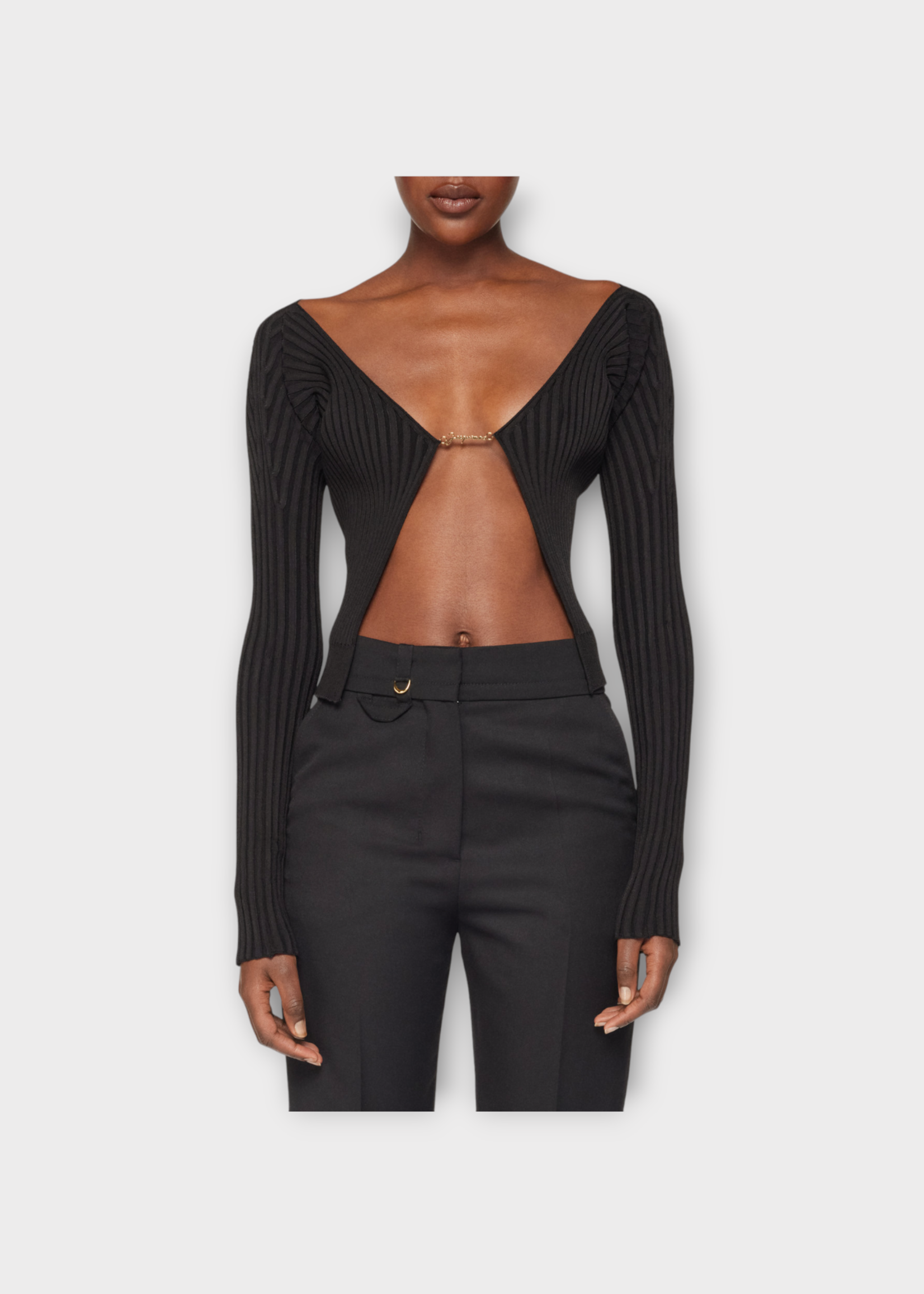 Jacquemus Jacquemus Top, Black, La Maille Pralu Longue Seamless Cardigan In Black w/ Metal Charm Logo