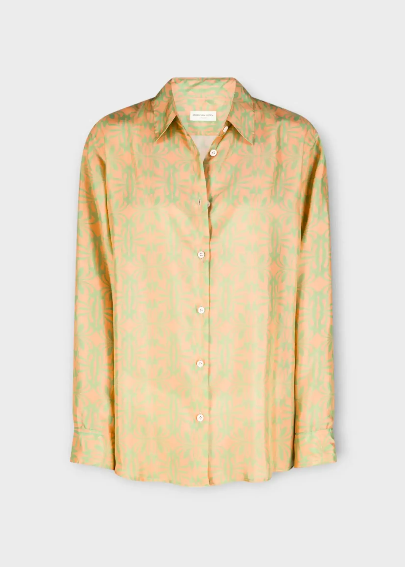 Dries Van Noten Dries Van Noten Shirt, Print, Clavel Lightweight Silk Satin Printed Bicolor Swirl Pattern Shirt In Peach & Green