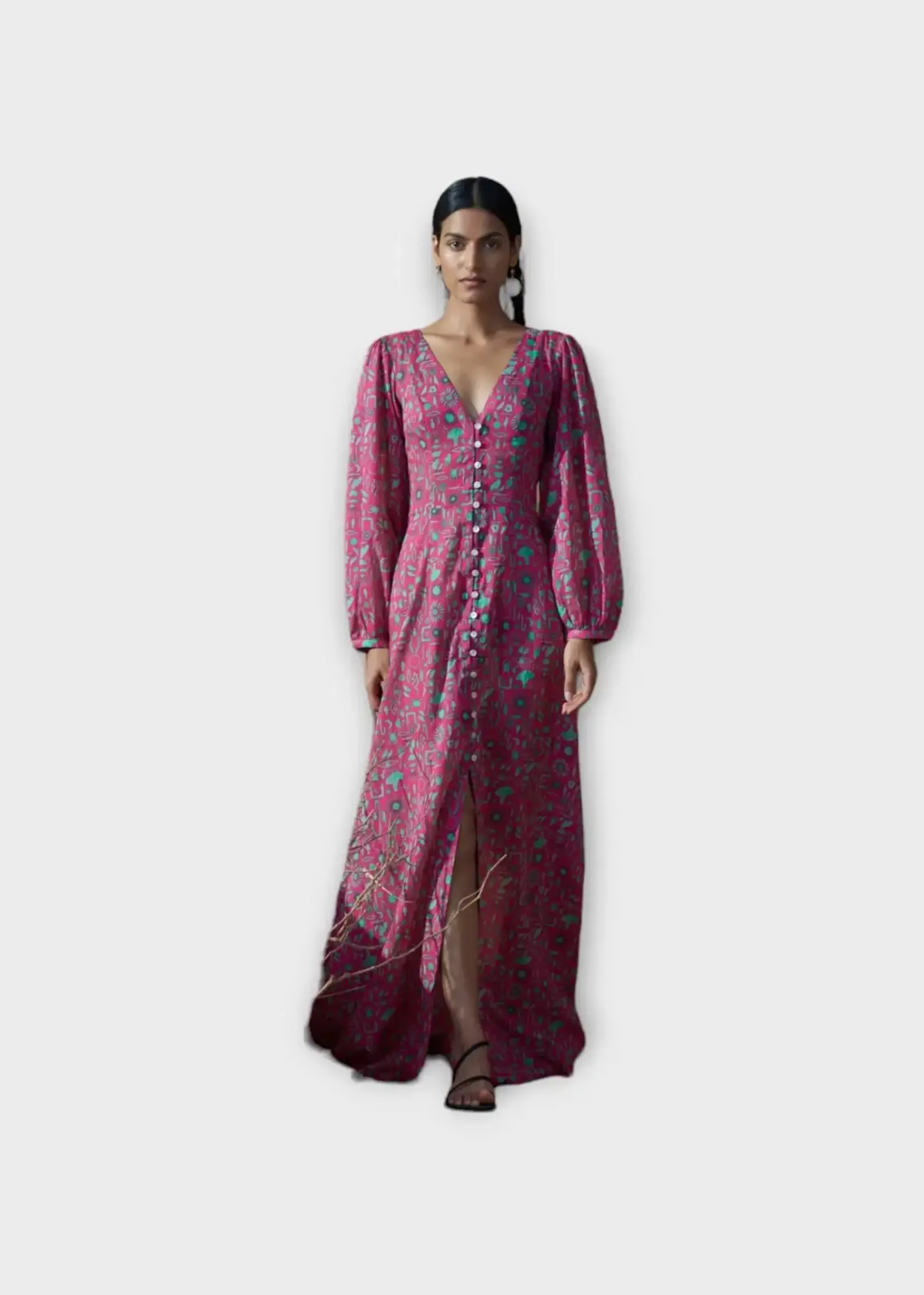 Muzungu Sisters Muzungu Sisters Dress, Print, Tania Cotton V-Neck Button Down Balloon Sleeves Maxi Dress In Fuchsia w/ Hieroglyph Print