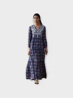 Muzungu Sisters Muzungu Sisters Dress, Print, Frangipani Silk V-Neck Long Dress In Cobalt w/ Snake Print & Navy Embroidery