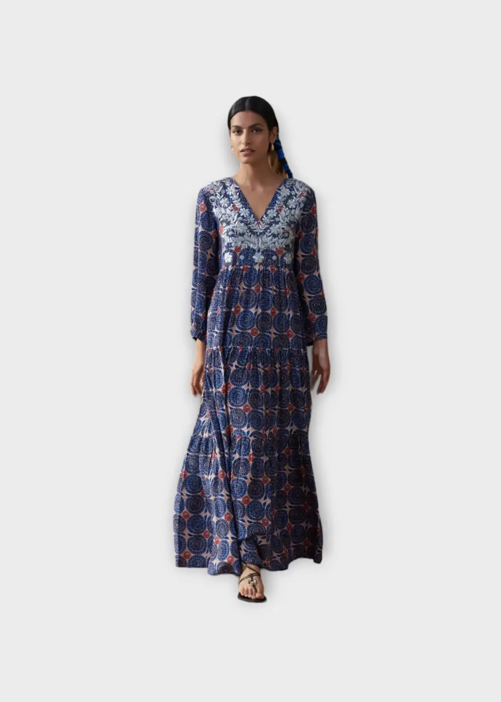 Muzungu Sisters Muzungu Sisters Dress, Print, Frangipani Silk V-Neck Long Dress In Cobalt w/ Snake Print & Navy Embroidery