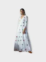 Muzungu Sisters Muzungu Sisters Dress, Print, Frangipani  Cotton V-Neck Long Dress In White w/ Hieroglyph Embroidery