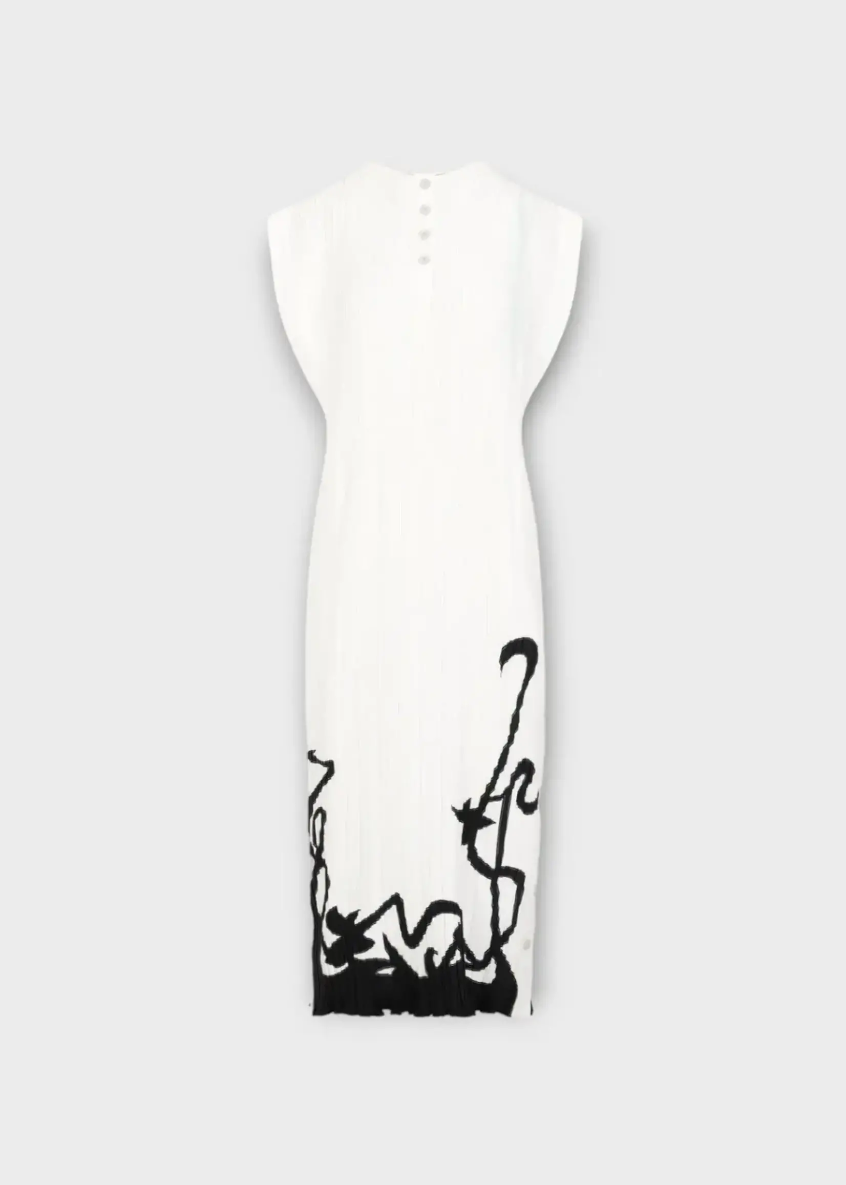 Lanvin Lanvin Dress, Multi, Short Sleeve Pleated Dress In White & Black w/ Side Buttons Opening