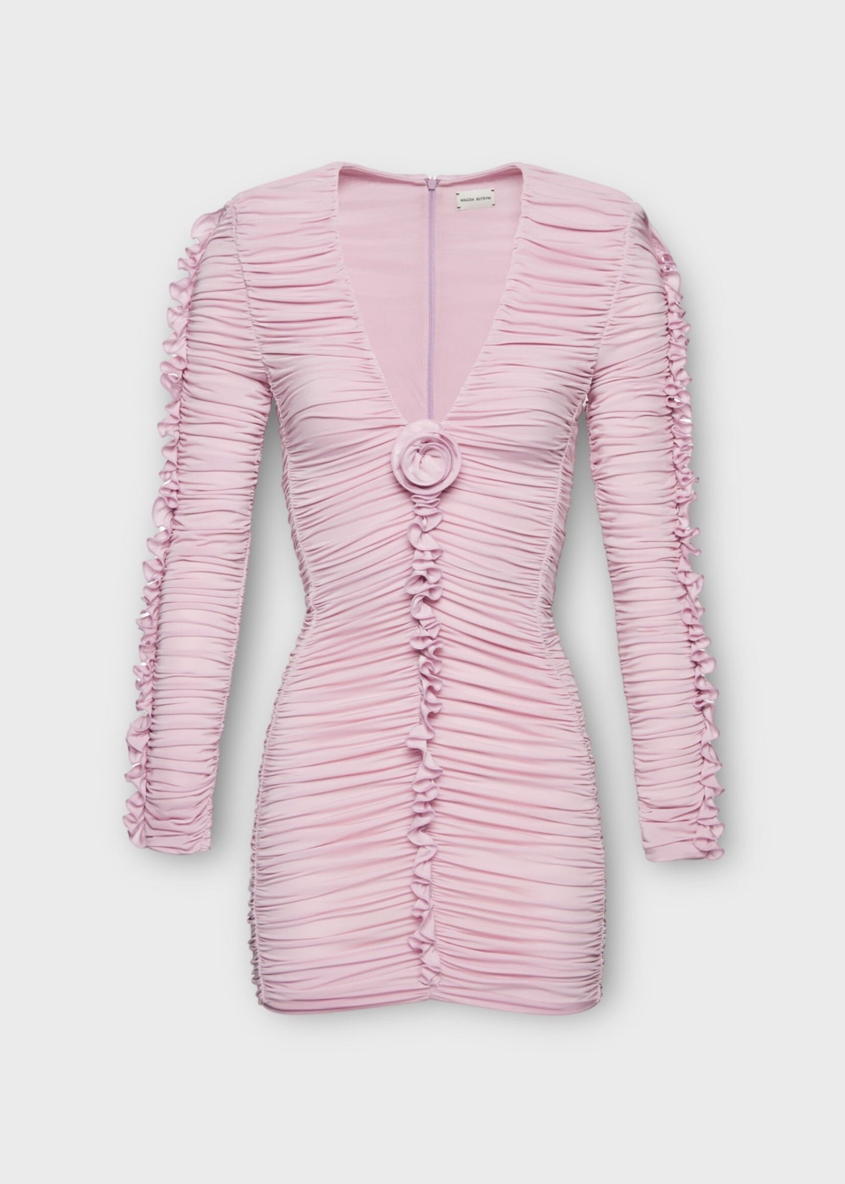 Magda Butrym Magda Butrym Dress, Pink, V-Neck Long Sleeve Ruffled Mini Dress w/ Flower Detail