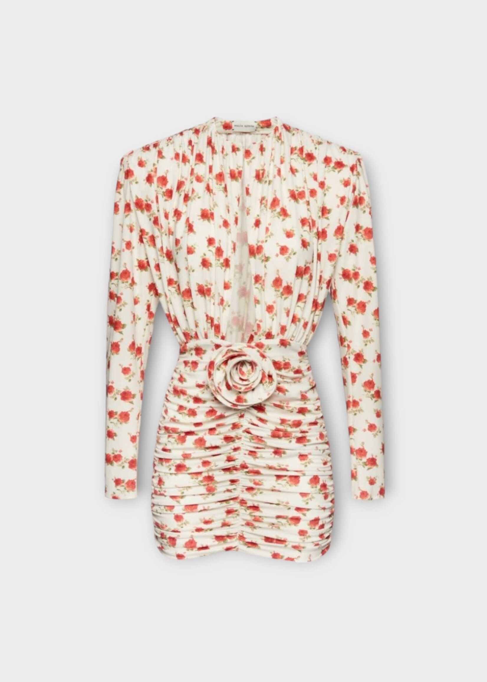 Magda Butrym Magda Butrym Dress, Print, Crew Neck Long Sleeve Ruffle Skirt Mini Dress in Cream w/ Rose Print