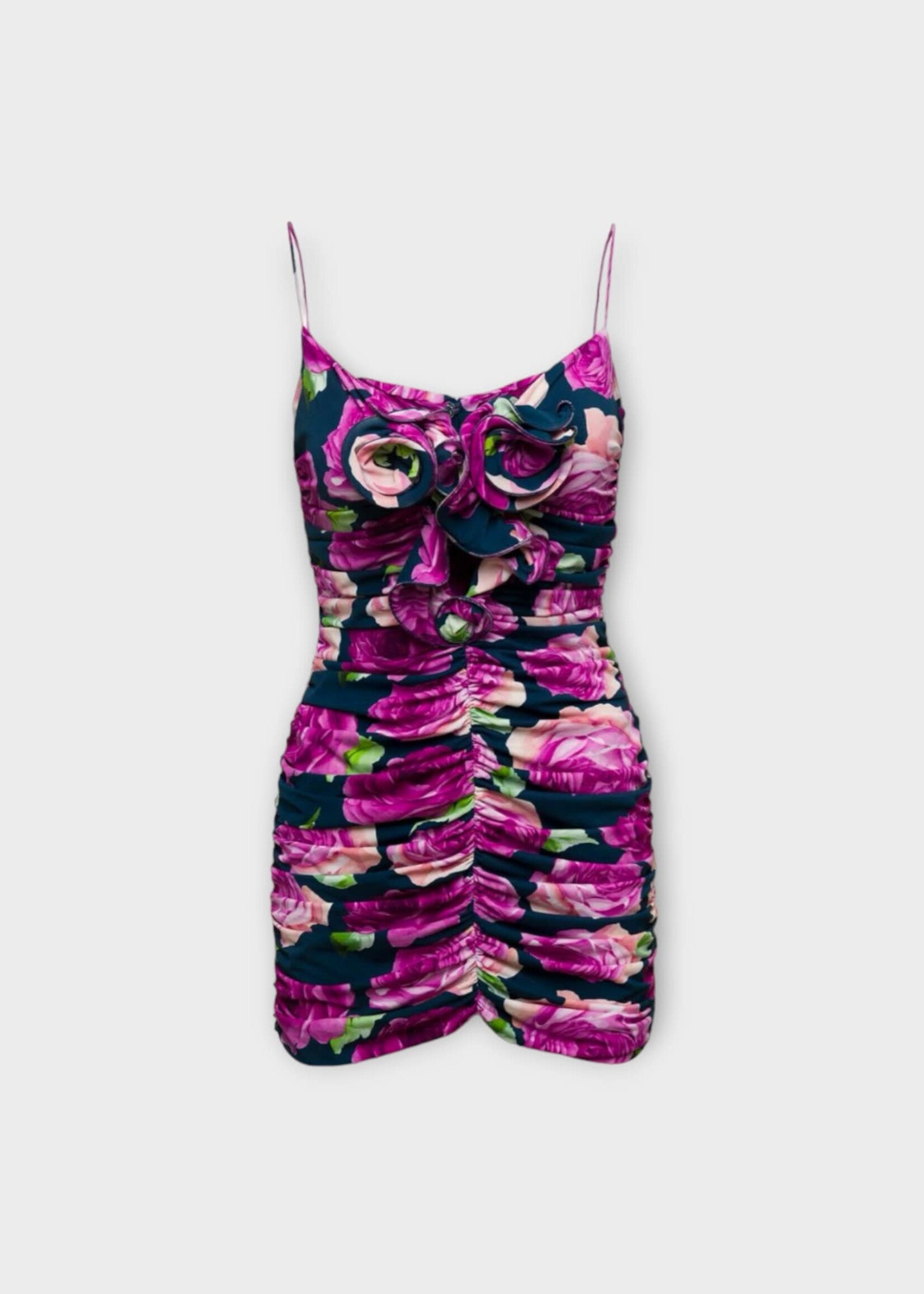 Magda Butrym Magda Butrym Dress, Print, Sleveless Ruched Mini Tank Dress in Navy Floral Print w/ Flower Application