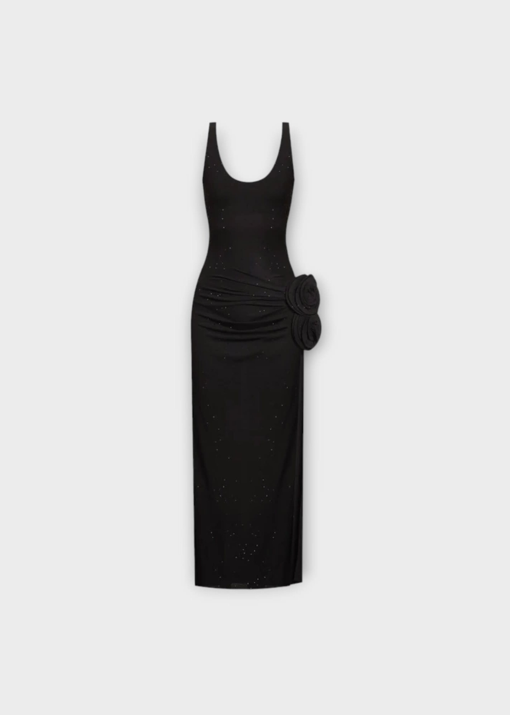 Magda Butrym Magda Butrym Dress, Black, Crystal Jersey Scoop Neck Slim Fit Midi Dress w/ Flower Application & Side Slit