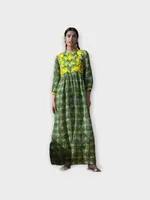 Muzungu Sisters Muzungu Sisters Dress, Print, Touba Linen Crew Neck Long Dress In Green w/ Snake Print and Yellow Embroidery