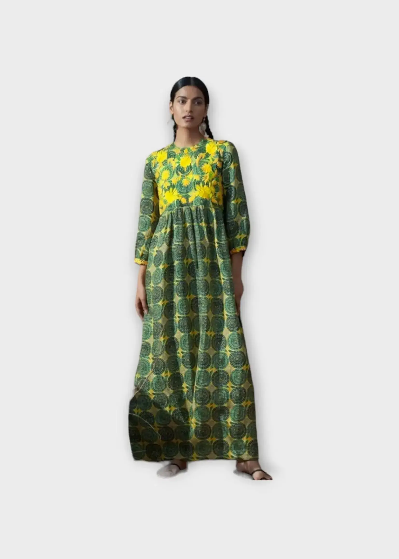 Muzungu Sisters Muzungu Sisters Dress, Print, Touba Linen Crew Neck Long Dress In Green w/ Snake Print and Yellow Embroidery