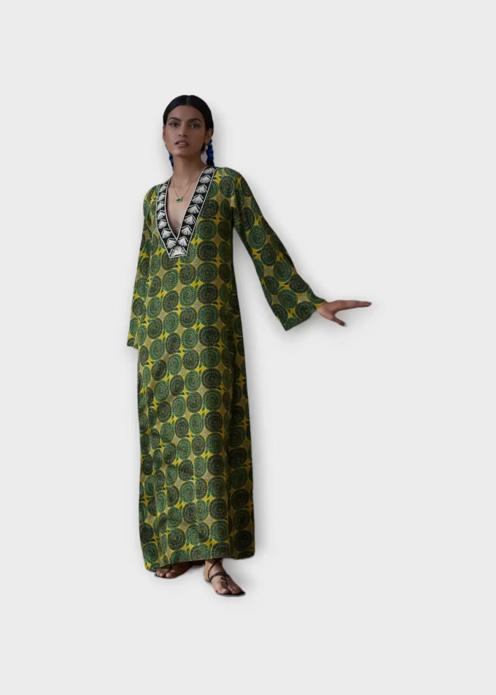 Muzungu Sisters Muzungu Sisters Dress, Print, Vera Silk V-Neck Long Sleeve Kaftan In Green w/ Snake Print