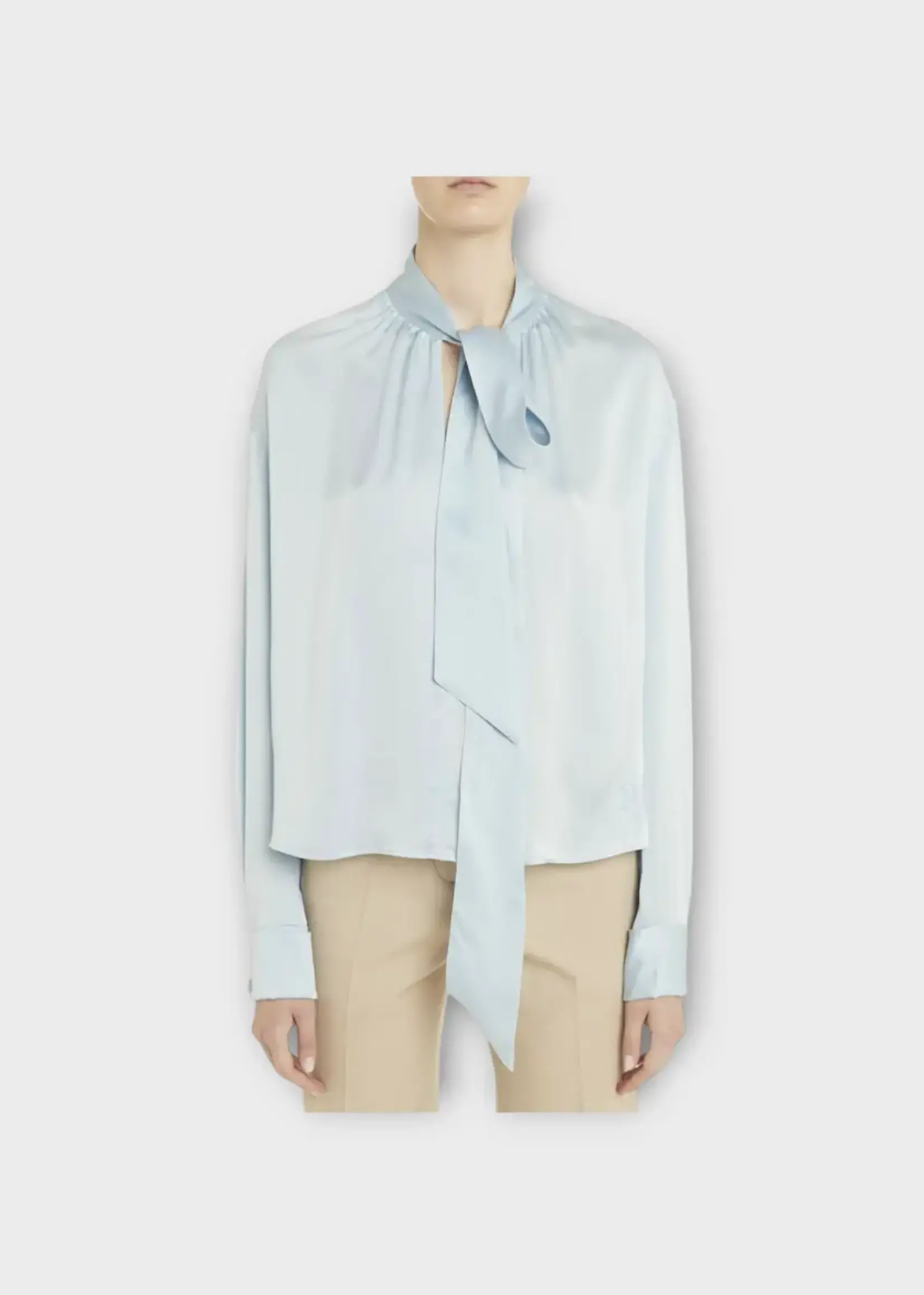 Lanvin Lanvin Shirt, Blue, Silk V-Neck Shall Cape Back Bustier Blouse In Sky Blue