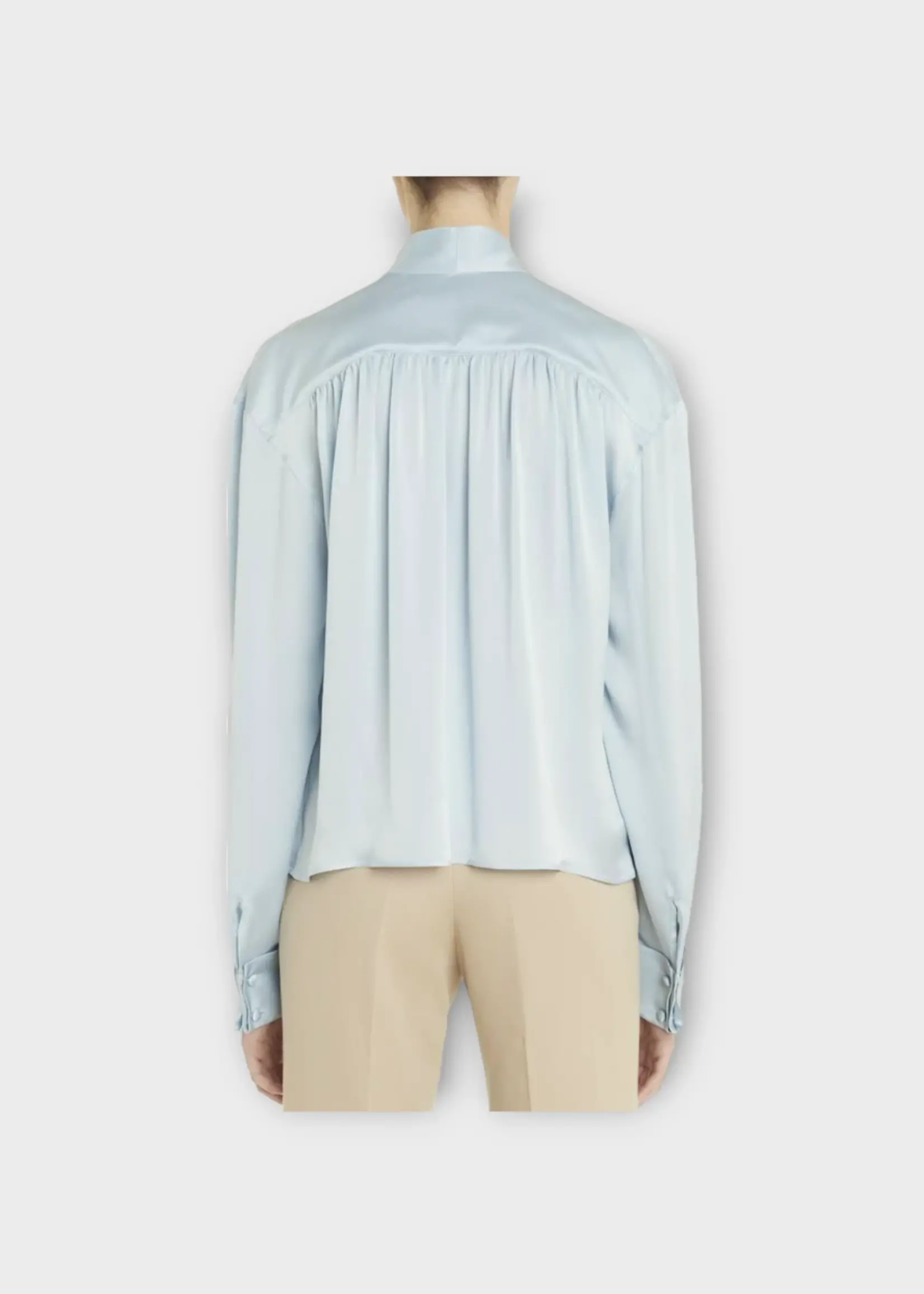 Lanvin Lanvin Shirt, Blue, Silk V-Neck Shall Cape Back Bustier Blouse In Sky Blue