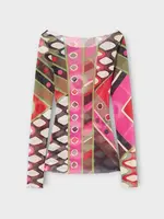 Emilio Pucci Emilio Pucci Top, Print, Tulle Slim Fit See Through Long Sleeve Top In Khaki & Fuxia w/ Geometric Print