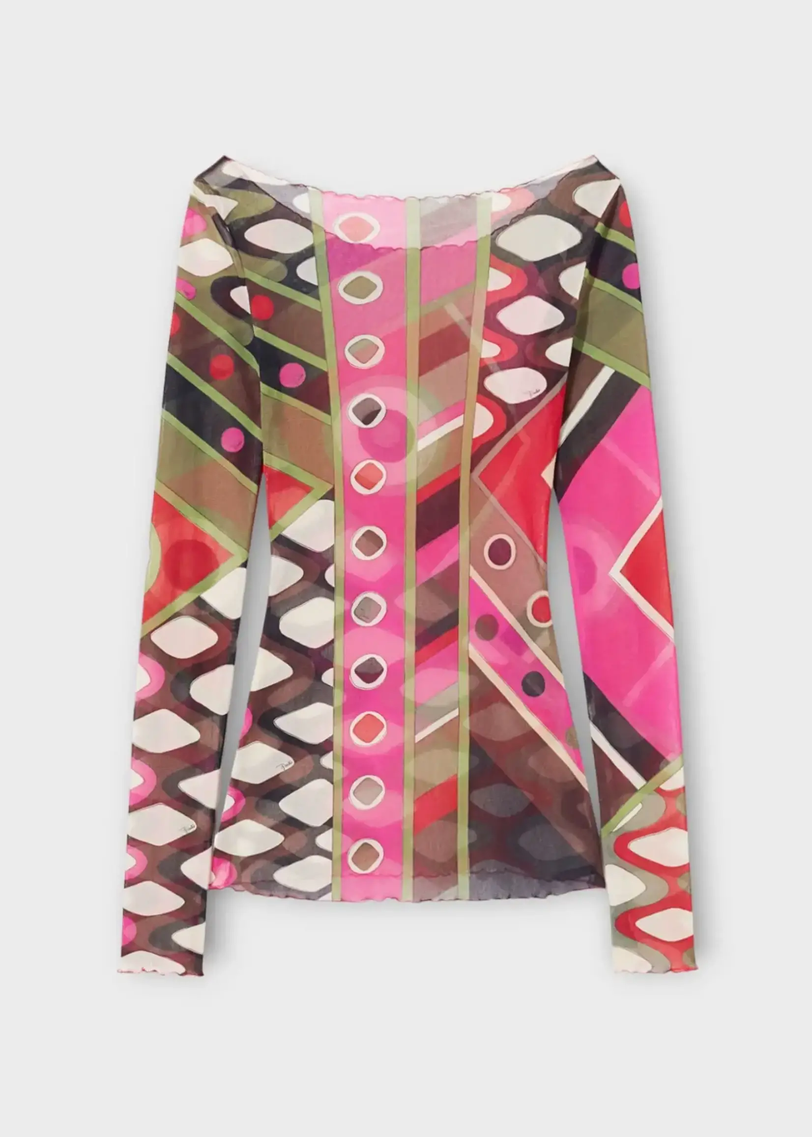 Emilio Pucci Emilio Pucci Top, Print, Tulle Slim Fit See Through Long Sleeve Top In Khaki & Fuxia w/ Geometric Print