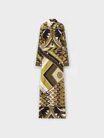 Emilio Pucci Emilio Pucci Dress, Print, Satin Relaxed Fit Collared Button Up Long Shirt Dress In Khaki & Brown w/ Vivara Print