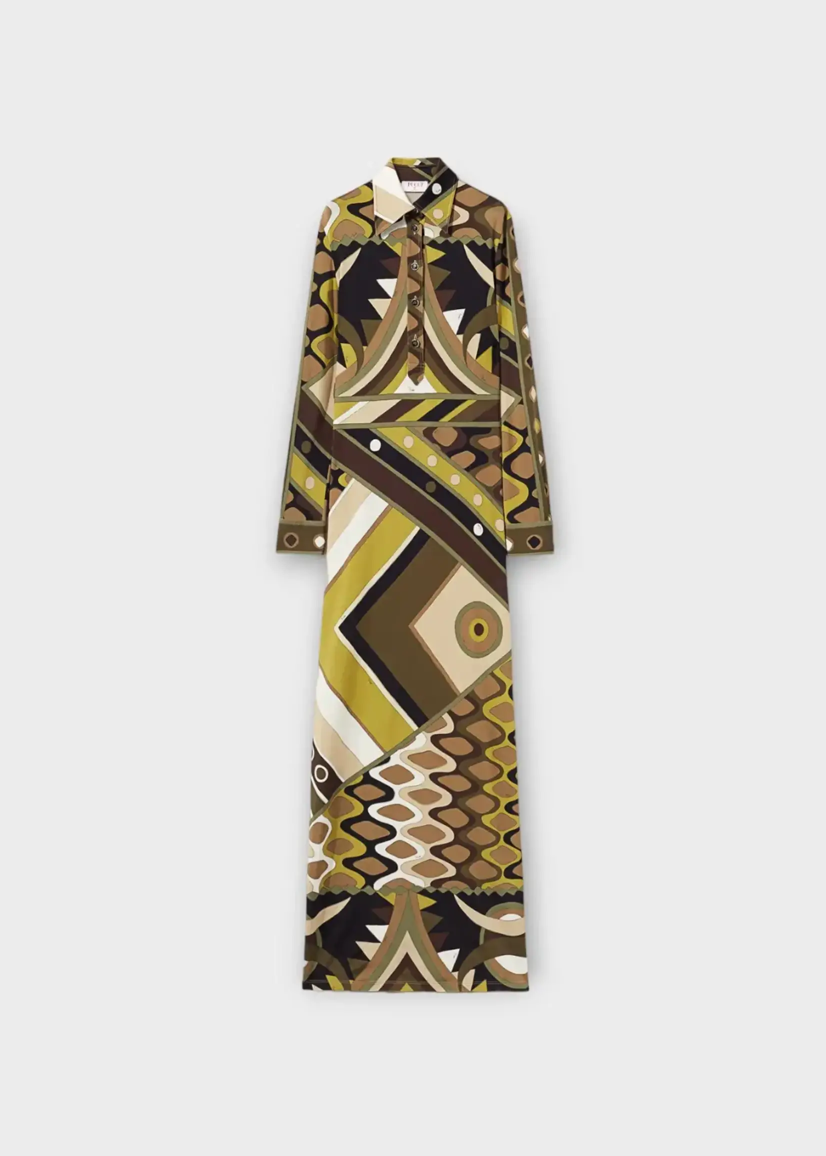Emilio Pucci Emilio Pucci Dress, Print, Satin Relaxed Fit Collared Button Up Long Shirt Dress In Khaki & Brown w/ Vivara Print