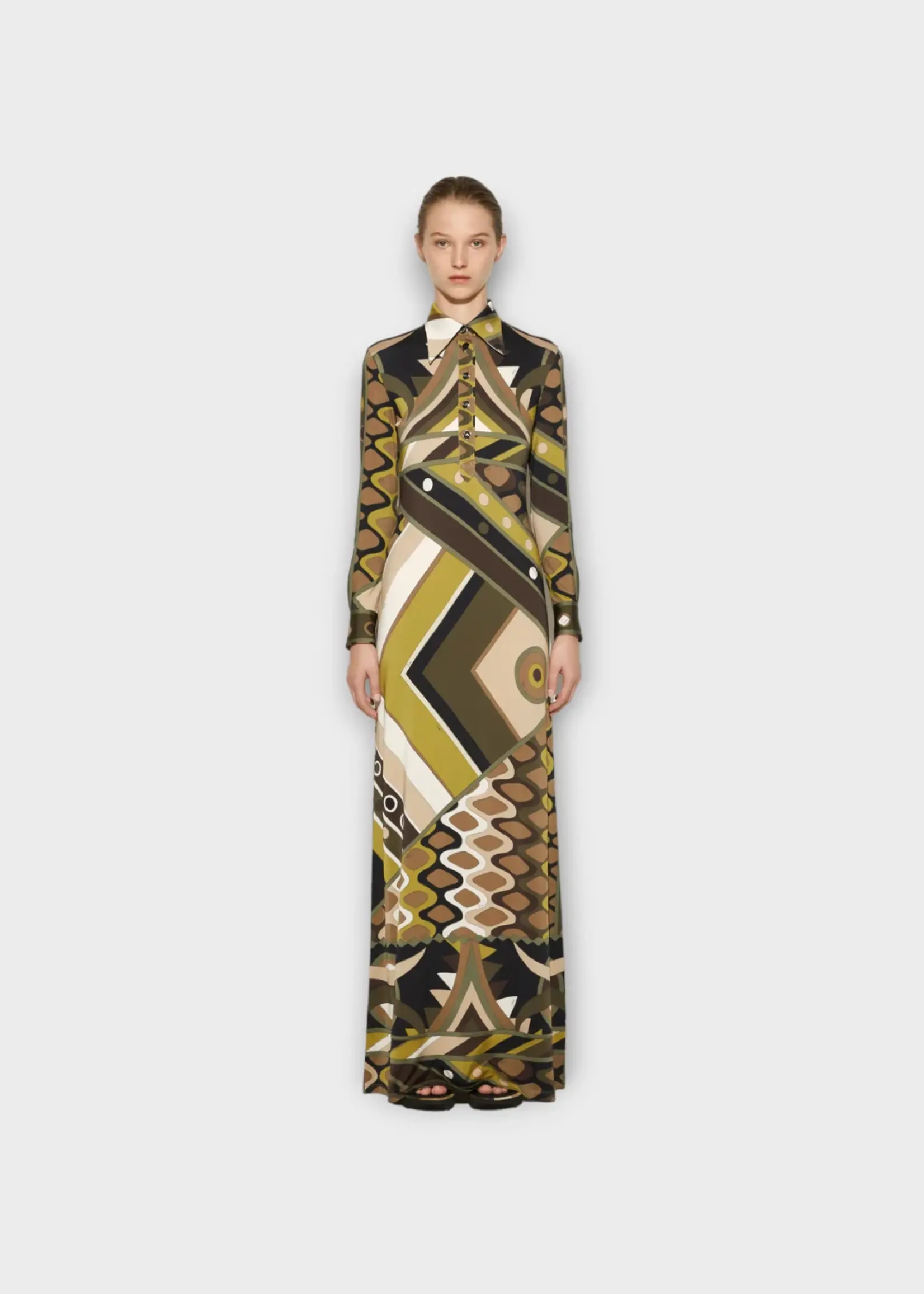 Emilio Pucci Emilio Pucci Dress, Print, Satin Relaxed Fit Collared Button Up Long Shirt Dress In Khaki & Brown w/ Vivara Print