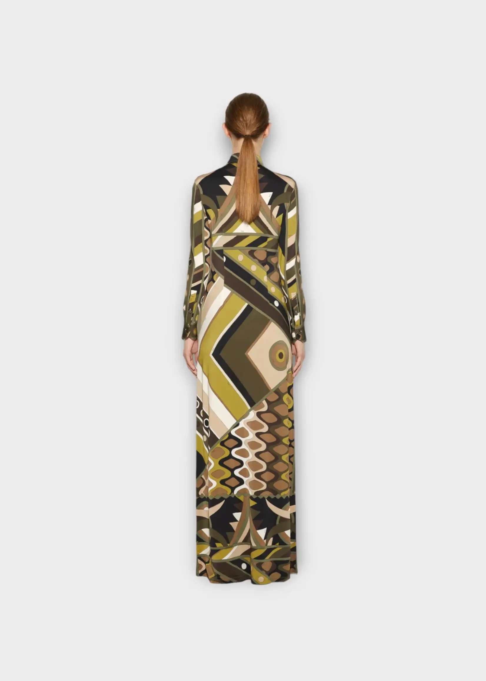 Emilio Pucci Emilio Pucci Dress, Print, Satin Relaxed Fit Collared Button Up Long Shirt Dress In Khaki & Brown w/ Vivara Print