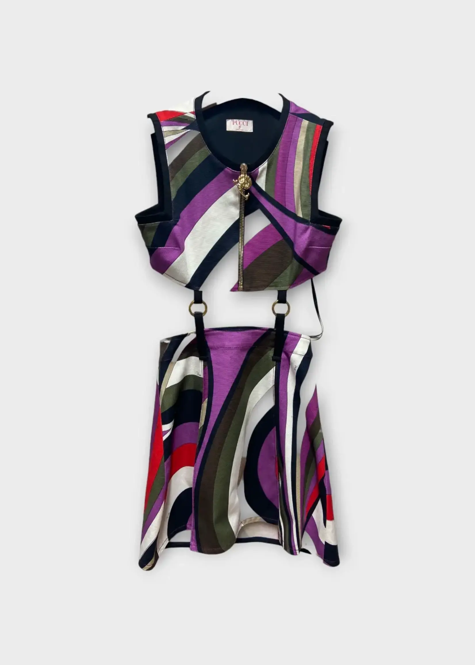 Emilio Pucci Emilio Pucci Dress, Print, Crew Neck Sleeveless Mini Dress in Purple & Brown w/ Graphic Print & Straps