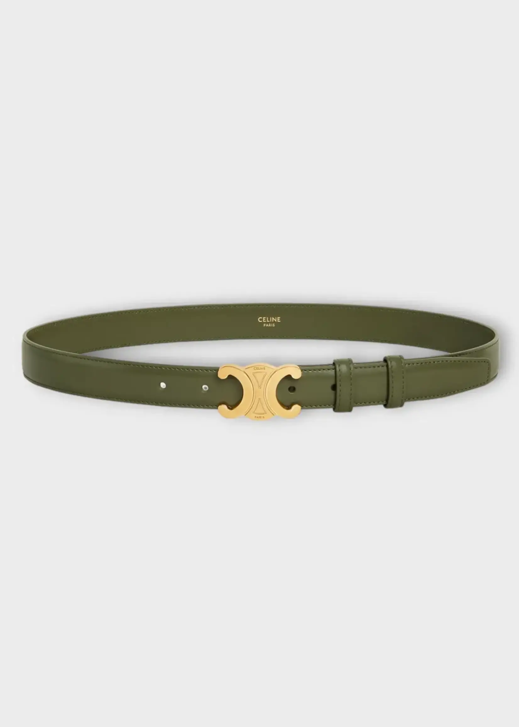 Celine Celine Belt, Green, Triomphe Medium Belt In Dark Olive w/ Gold Buckle